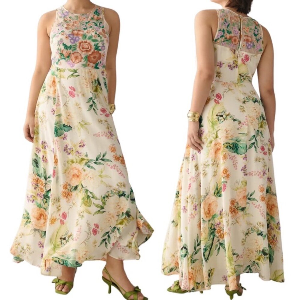 Anthropologie Crewneck Mesh Floral Embroidered Maxi Dress in Cream Multi Sz 18W